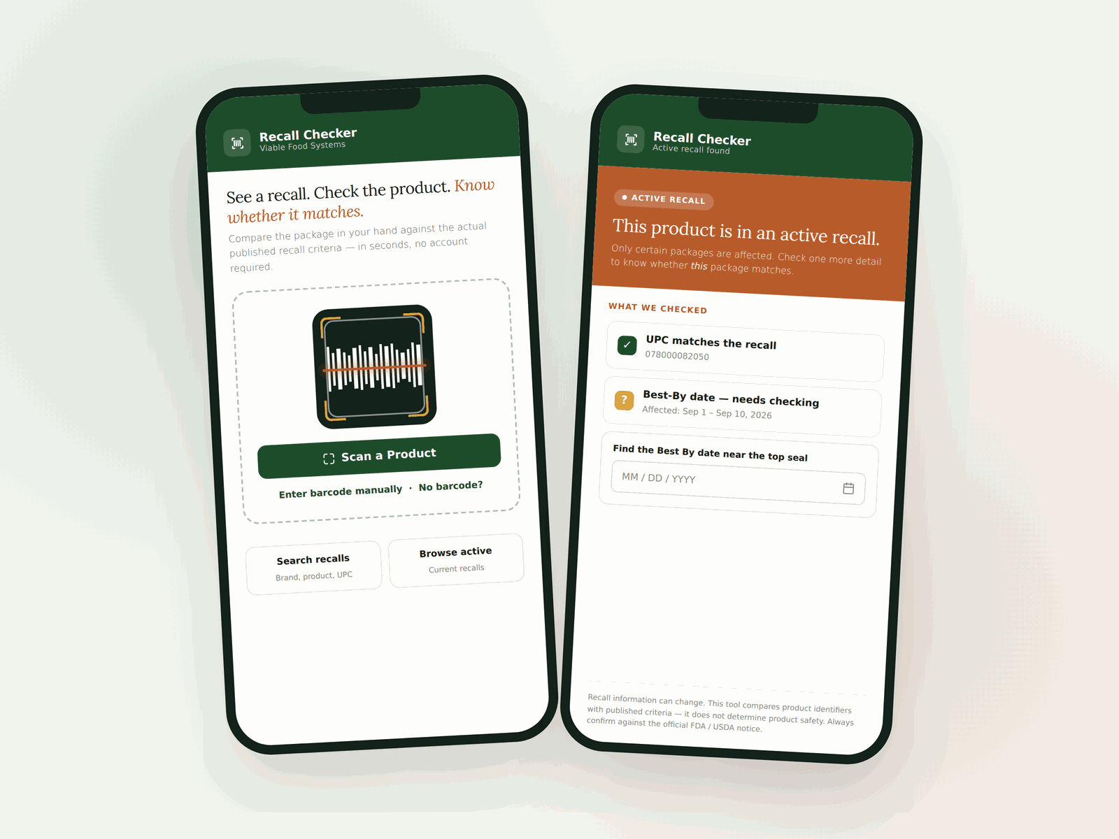 Preview of the Recall Checker mobile tool showing a product scan screen and a recall verification result