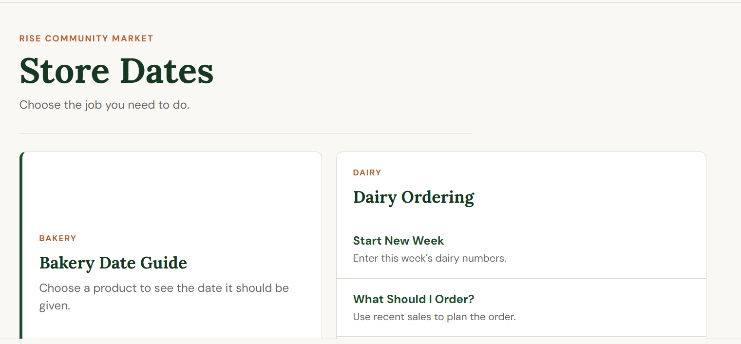Store Guide screenshot showing a bakery date guide and dairy ordering, where staff choose a product to see the date it should be given