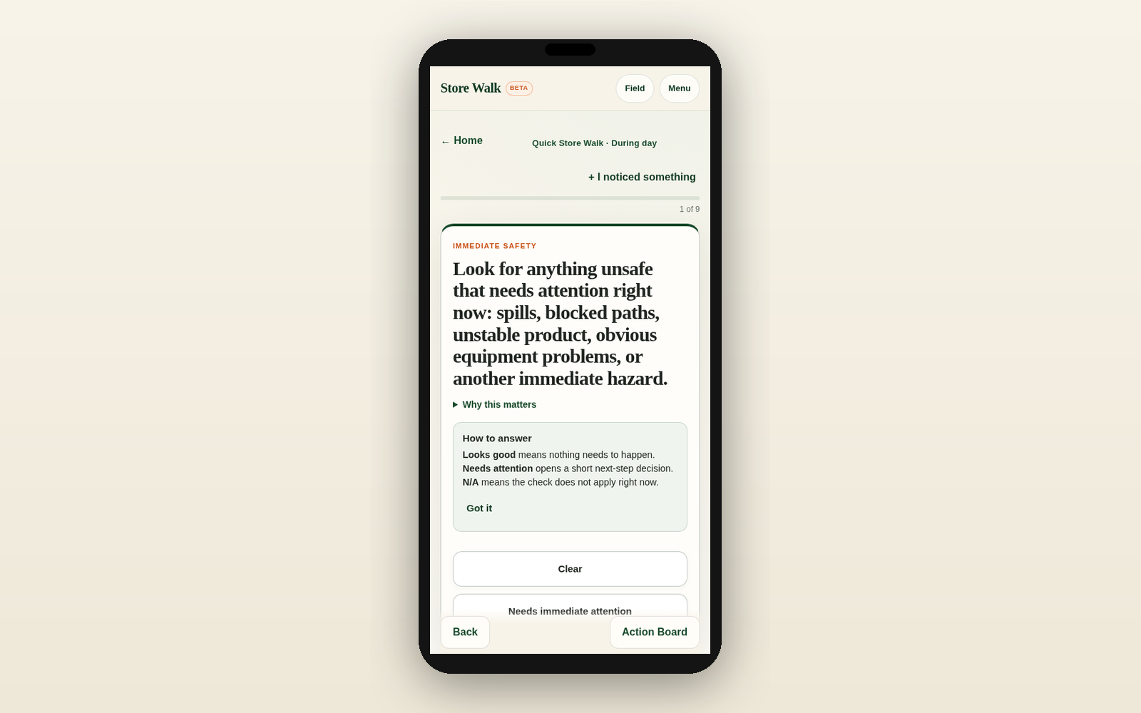 Store Walk mobile screenshot showing a guided safety-focused store walk prompt